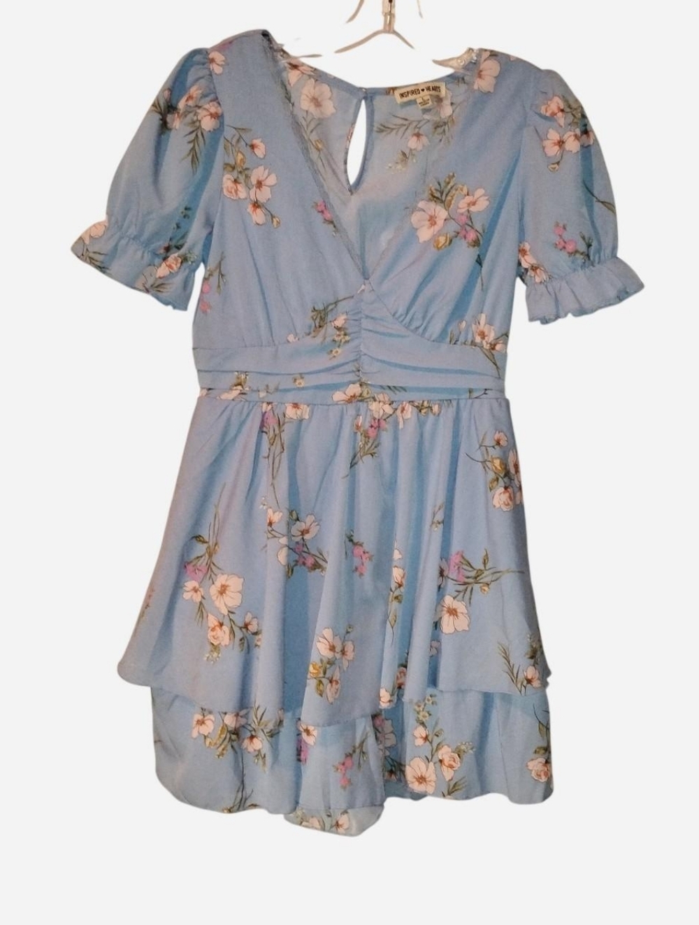 Inspired Hearts Blue Floral Tiered Romper – Size L – Cottagecore Puff Sleeve NWT